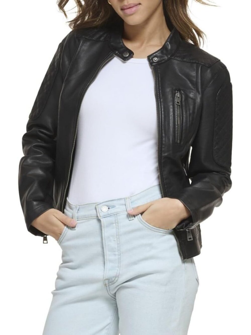 Women's Black Faux Leather Motocross Racer Jacket Zip Closure Snap-Down Collar